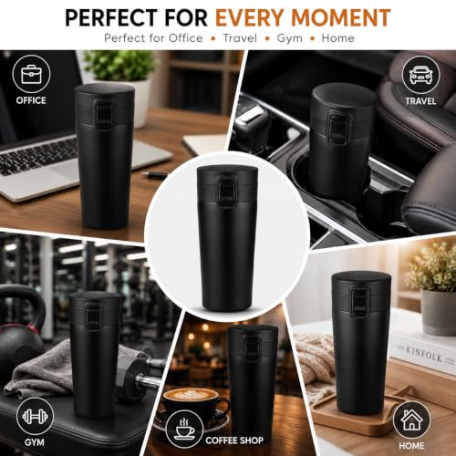 Image of Premium Stainless Steel Coffee Mug with Leak-Proof Lid - 300ml Vacuum Insulated Travel Tumbler for Hot & Cold Beverages, Double Walled Reusable Coffee Cup for Office, Home & Car (Black)