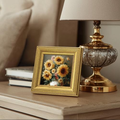Image of eletecpro 4x4 Gold Picture Frames Set of 4, Vintage Photo Frames with Clear Acrylic Cover, Gallery Wall Art Display 4x4 Photo for Tabletop and Wall Mount, Home Decor