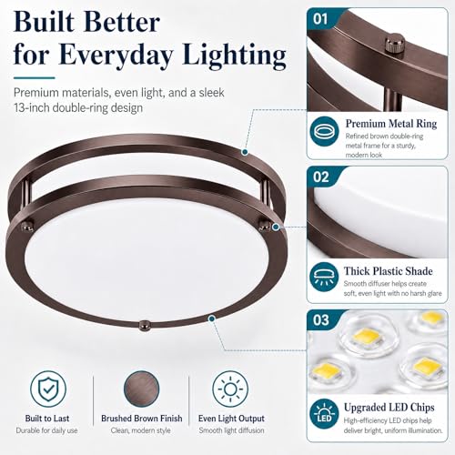 Image of 2-Pack Oil-Rubbed Bronze Flush Mount LED Ceiling Lights, 13Inch 36W Super Bright 3600lm Dimmable Ceiling Light Fixtures, 5CCT Selectable 2700K-6500K, Energy-Efficient Modern Ceiling Lamp, Easy Install