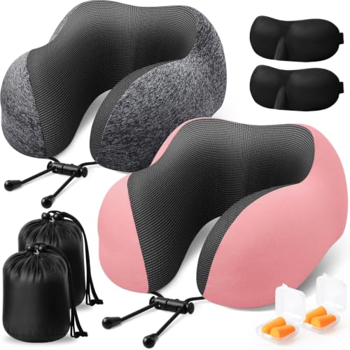 Image of ExploreBliss Travel Pillow, Neck Pillow Airplane, Grey & Pink | Travel Pillows for Airplanes, Neck Pillow Airplane, Memory Foam Neck Pillow Set with Eye Mask, Earplugs