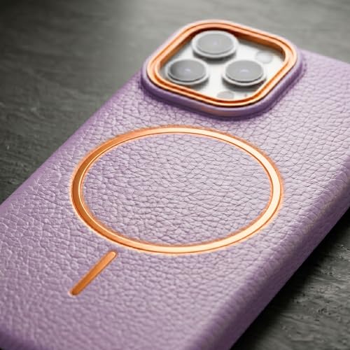 Image of amazon basics Luxury MagSafe Compatible Leather Texture Back Cover for iPhone 13 Pro | Raised Camera Protection | Slim Fit Shockproof Case with Metallic Accents (Purple)