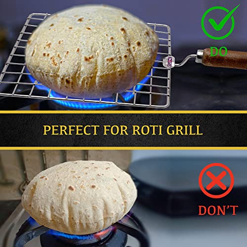Ksjone Stainless Steel Multi-Functional Wire Steaming Cooling And Baking Barbecue Rack Square Wire Roaster Rack/Papad Jali/Roti Grill Round Shape With Wooden Handle #TOP6