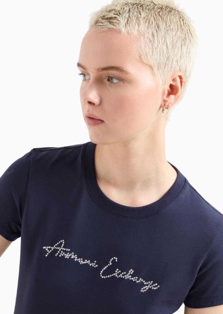 Armani Exchange Rhinestone Script Logo Cotton Crewneck T-Shirt Camiseta Mujer