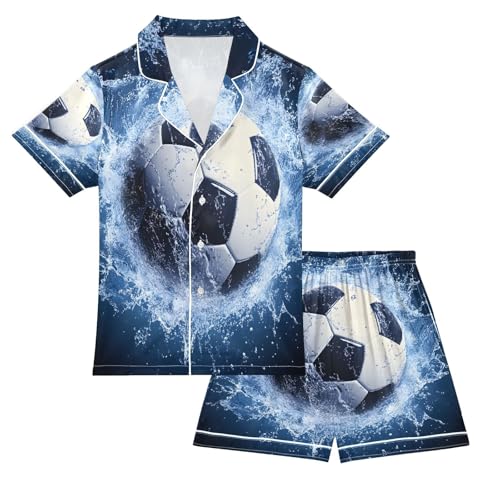 ALAZA Soccer Football Blue Water Satin Pajamas Set Short Sleeve Button Down Sleepwear Summer Pjs 2 Piece