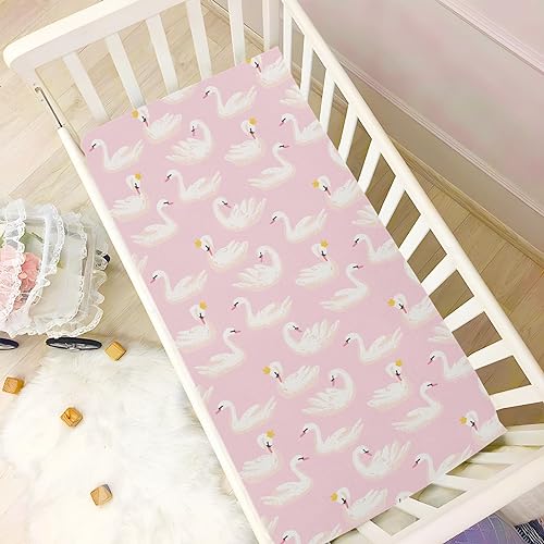 Image of Fitted Crib Sheets Pink Cute Swan Animals Stretchy Portable Playard Sheets for Baby Toddler, Breathable Soft Mini Crib Mattress 39 x 27 in for Boys and Girls