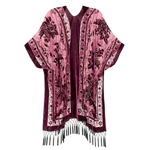 Burnout Velvet Kimono Cardigan for Women with Tassels, Elegant flower pattern,1 Size Fits All,Labor Day Shawl2