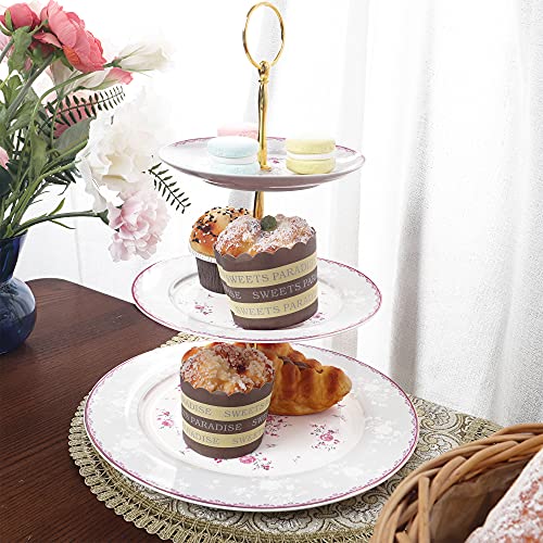 Fanquare Pink Rose 3 Tier Porcelain Cupcake Stand, Floral Round Fruit Display Stand, Dessert Tower Tray For Wedding, Birthday And Tea Party #TOP1