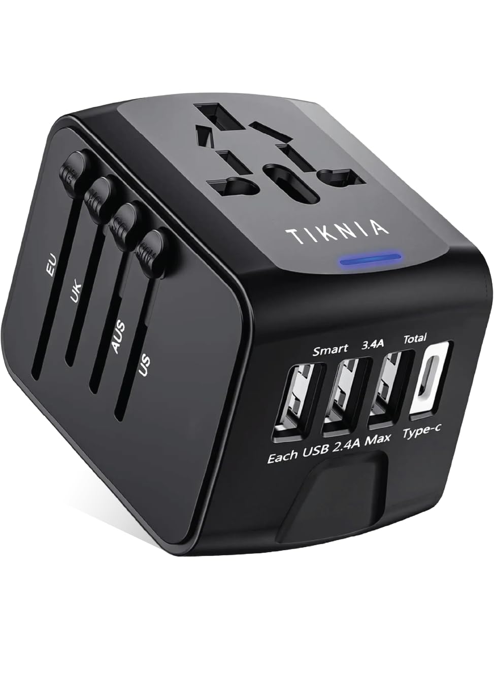 TIKNIA Travel Adapter, Universal Travel Adapter - 3 USB + 1 Type C in One Travel Charger with UK/US/AUS/EU Plugs and Socket, International Power Adapter Wall Charger (Type-c Black)