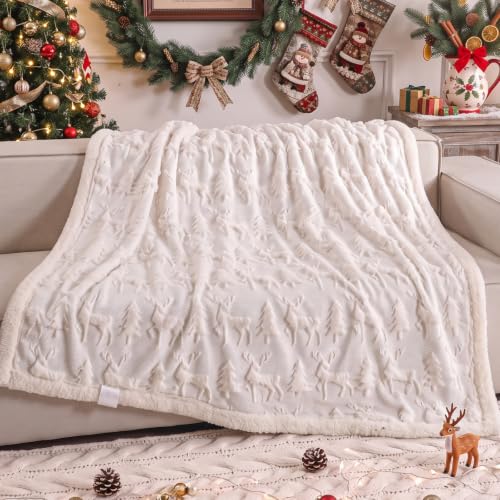 Remagr 3D Christmas Reindeer Sherpa Throw Blanket 50 x 60 Inch, Cream White