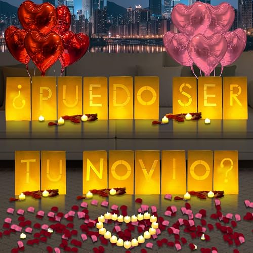 PUEDO SER TU NOVIO? Lighted Letters Sign 17pcs Luminary Paper Bags 2200pcs Red Pink Artificial Rose Petals 48pcs Flameless LED Candle Tealight 15pcs Heart Balloons Romantic Night Valentine's Day