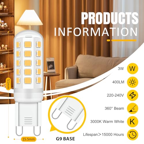 Lumlog G9 Led Bulbs, 3W Warm White Light Bulbs, Equivalent to 30-40W Halogen, 400Lm, 3000 Kelvin 220-240V No Flicker Non-Dimmable Energy Savingor Lighting Decor [Energy Class D] (6 Pack)