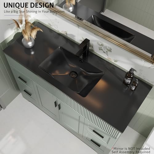 Image of eclife 48 inch Bathroom Vanities Sink Combo with Painted Surface, Modern Drawered Cabinet W /Decorative Wave Lines, Undermount Single Black Sink, Matte Black Faucet Drain, Gray Green