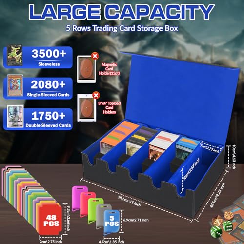 Image of AOBOPLE Trading Card Storage Box,3500+ Card Box Storage with 48 Dividers and 10 Card Supporters PU Leather Magnetic Cards Deck Case for MTG,TCG,Magic and Sport Cards (Black Blue)