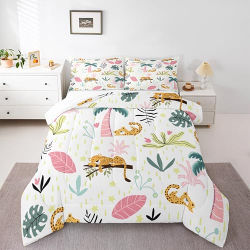 Image of Feelyou Leopard Comforter Set Toddler Size Kids Toddler, Cute Leopard Comforter Set Toddler Size Cartoon Cheetah Print Comforter Tropical Plants Duvet Set Durable Quilt Set