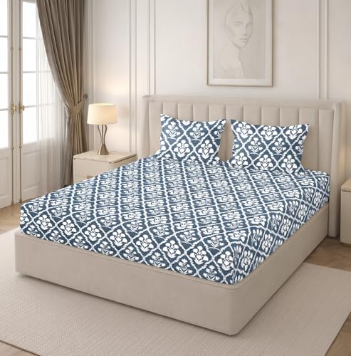 Image of RD TREND Premium Soft Cloud Cotton Floral Bedsheet for Double Bed | Size-90x90 Inches Queen Bedsheets with 2 Matching Pillow Covers (18x28 Inch) Slate Blue