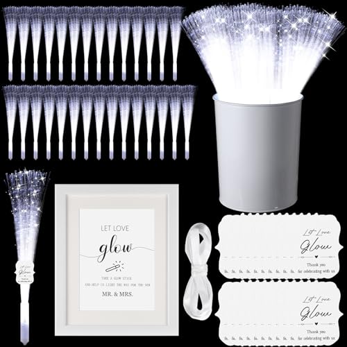 Aurelema 50 Pcs White Fiber Optic Wands with Metal Bucket Glow Sticks LED Wedding Sparklers Bulk with 50 Cards a Photo Frame a Roll of Ribbon for Wedding Bridal Shower Birthday Valentine's Gift