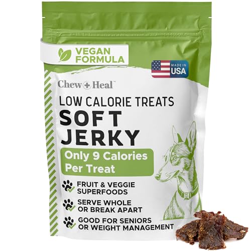 Chew + Heal Labs Low Calorie Dog Jerky Treats - 5 oz of Vegan Plant Based Natural Dog Treats with Chia Seeds Fruits and Vegetables - Good for Weight Management - Made in the USA
