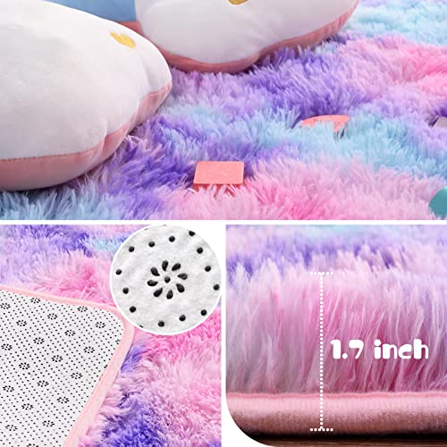 HOMORE Soft Fluffy Rug for Bedroom, Tie Dye Rugs for Living Room, Non Slip Shaggy Plush Carpet for Kids Nursery Toddler, 4x6 Feet Area Rugs for Room Floor, Hot Pink