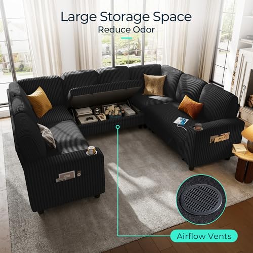 Image of LINSY Home 106 inch Modular Sectional Couch with Pull Out Bed, U Shaped 8 Seats Sofa with Storage, Corduroy Convertible Sofa Bed, USB, Cup Holders, Side Pocket, Sleeper Sofa for Living Room,Black
