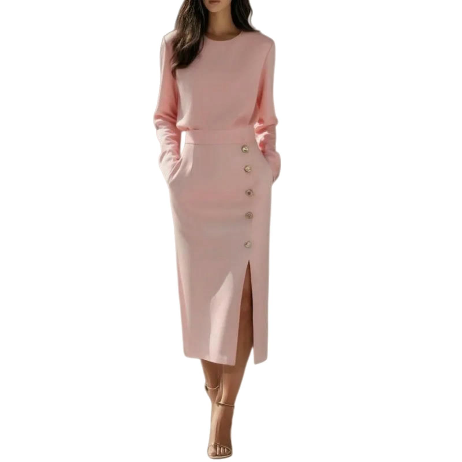 Vestito Donne Midi Abito Collo Rotondo Manica Lunga Bodycon Oro Bottoni Vita Cravatta Lato Fensura Elegante Lavoro Ufficio Usura Formale-Black-XXL