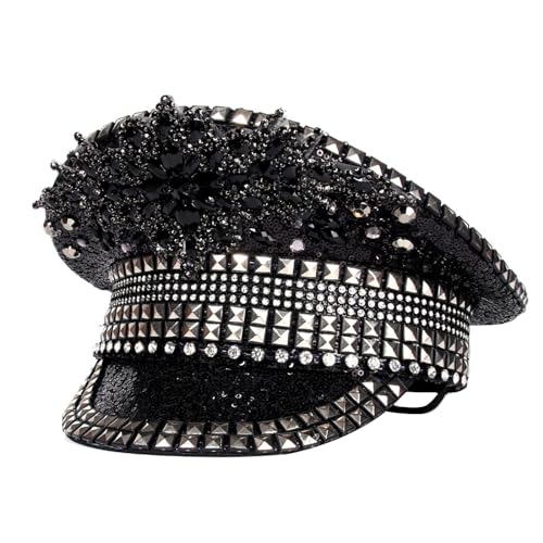 Chapeau de capitaine pour festival de musique look cristal et rivets tendance style britannique