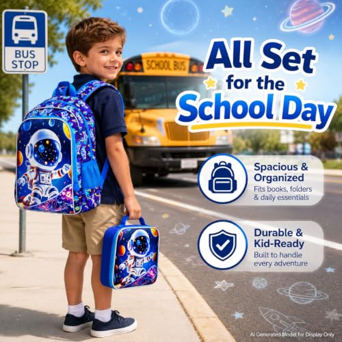 Image of 16 inch Space Boy Backpack, 3Pcs Astronaut Bookbag for Elementary Preschool Kindergarten, Kids School Backpacks with Lunch Box (Blue)