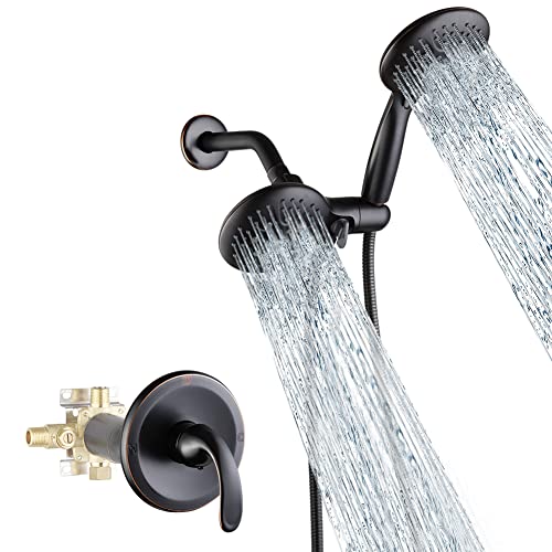 POP Dual-Function Shower Faucet Set with Valve Oil Rubbed Bronze Bathroom High Pressure 35 Setting Dual 2 in 1 Shower System with Handheld Showerhead 3-way Water Diverter Shower Trim Kit
