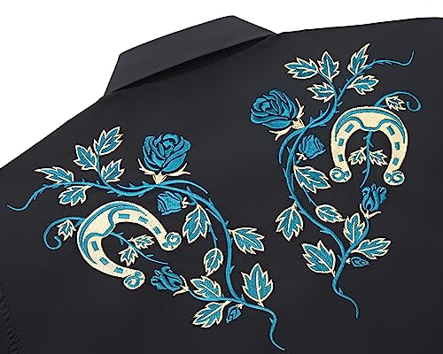 EL PIONERO Men's Floral and Horseshoe Embroidered Long Sleeve Retro Western Cowboy Shirt4