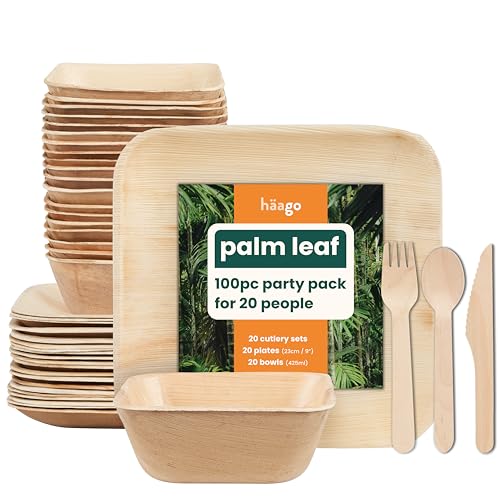 HAAGO 100-Piece Compostable Palm Leaf Plates, Bowls & Cutlery Set for 20 Guests - 22cm Square Eco Plates, 450ml Bowls & Wooden Utensils - Disposable & Biodegradable Dinnerware Party Set