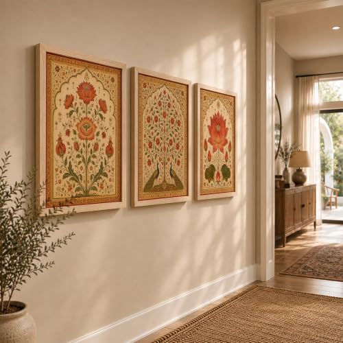 Image of NoWorries Lotus Peacock Wall Art Set of 3 Framed Prints | Indian Traditional Floral Botanical Painting, Royal Rajasthani Lotus Poster, Vintage Ethnic Wall Decor for Living Room Bedroom Home (Synthetic Engineered Wooden Frame) (Synthetic Engineered Wooden Frame) (MIN -9,17x25 inches)