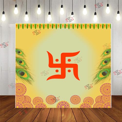 Image of S2S Fabric Backdrop Cloth for Pooja Decoration Traditional, Background Decoration Cloth for Pooja Background Curtain Cloth for Festival Fabric 5 Feet Height & 5 Feet Width SWASTIC Design