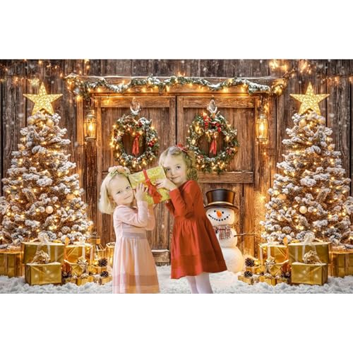 CSFOTO 10x7ft Golden Christmas Backdrop Vintage Wooden Barn Door Winter Snow Scene Christmas Tree Snowman Photography Background New Year Holiday Party Decoration Family Portrait Photo Props by CSFOTO - Image 4