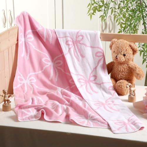 Image of SmoothNovelty Pink Bow Knit Swaddle Blanket for Girls, Cotton Soft Cozy Lightweight Receiving Swaddle Crib Stroller Blanket for Shower Gift Registry for Newborns Infants Toddlers, 30 x 40 Inches