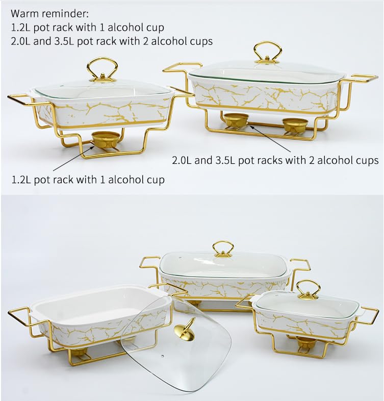 Juego de 3 calentadores de comida para buffet, equipo comercial para hoteles y restaurantes, ideal para bodas y fiestas. Plato de cerámica dorado de lujo (1,2 L/2,0 L/3,5 L - Tamaño grande mejorado).