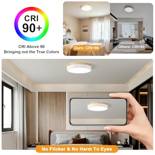 Image of Dimmable LED Wood White Round Flush Mount Ceiling Light 11.81 Inch