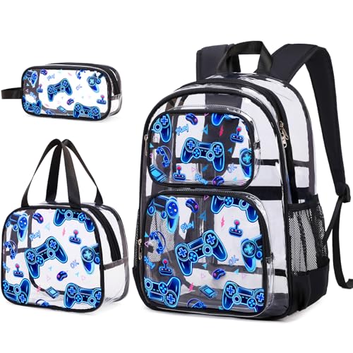 Bevalsa Clear Gaming Backpack for Boys Girls Kids, Transparent Backpack with Lunch Bag & Pen Case for Toddler Kindergarten Elementary School, Heavy Duty See Through Bookbag Stadium Approved (Blue)