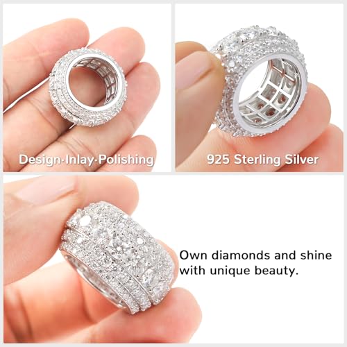 12CT 5 Row Unisex Moissanite Eternity Band Ring for Men D Color VVS1 Clarity Iced Out Wedding band 18k White Gold Plated S925 Sterling Silver Hip Hop Ring 14.5mm Size 53