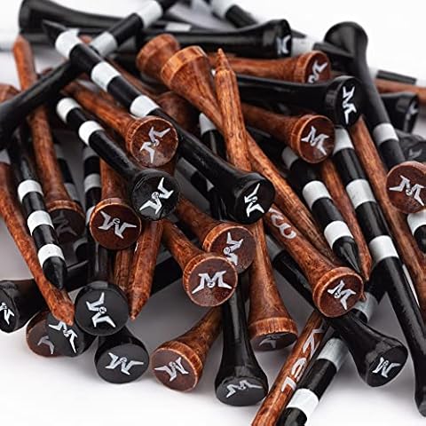 MAZEL Natural Wood/Bamboo Golf Tees 2 3/4 Inch & 3 1/4 Inch,Pack 50 or 120,Reduce Friction & Side Spin,More Stable Golf Tees (50 Pack(25 * 2-3/4"+25 * 3-1/4"),Black &Brown) Cover