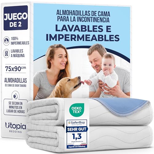 Utopia Bedding Protectores de Cama 75 x 90 cm (Paquete de 2) Blanco/Azul – Protectores de colchón Impermeables, Lavables y Reutilizables