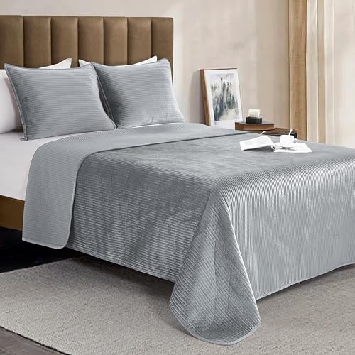 Elegant Comfort Luxury 3-Piece Velvet Corduroy Stripe Quilt Set, Ultra Soft Bedspread - Cozy Velvet Coverlet Set - 3PC Medium Weight Quilted Set with Matching Pillow Shams, Full, Gray