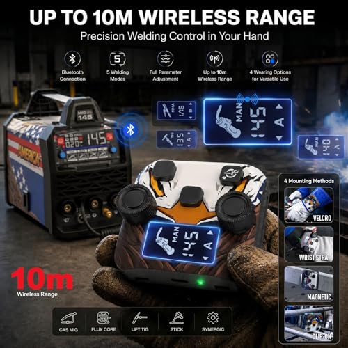 Image of ANDELI 4-in-1 MIG Welder with 2.4GHz Wireless Remote 145A,110V /220V | Gas MIG /Flux Core /Lift TIG /Stick, Clear Display, Synergic Control, Helmet and Gloves Included, Auto Repair, DIY Metalworking