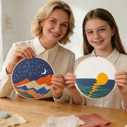 Image of Armindou Hand Embroidery DIY Kits for Beginners Adults, Sea Sunrise Embroidery Set Needlepoint Kits, Stamped Cross Stitch Kits for Beginners Adults, 2 Embroidery Hoops, Fabric(Attached Video Tutorial)
