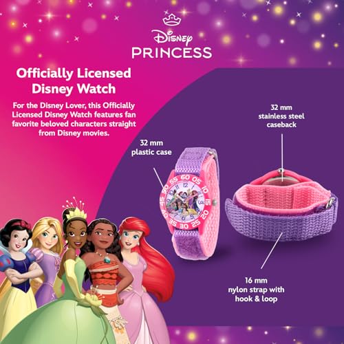 DISNEY Princess Watch for Girls Age 4-7 - Perfect Toddler Princess Watch for Kids, Stylish and Fun Timepiece Young Fans - Purple Nylon Strap, Pink Bezel, White Dial3