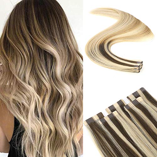 Neitsi Tape In Hair Extensions Human Hair Thick End For Full Head No Tangle Silky Straight Balayage Tape in Hair Seamless 20pcs Mocha Balayage