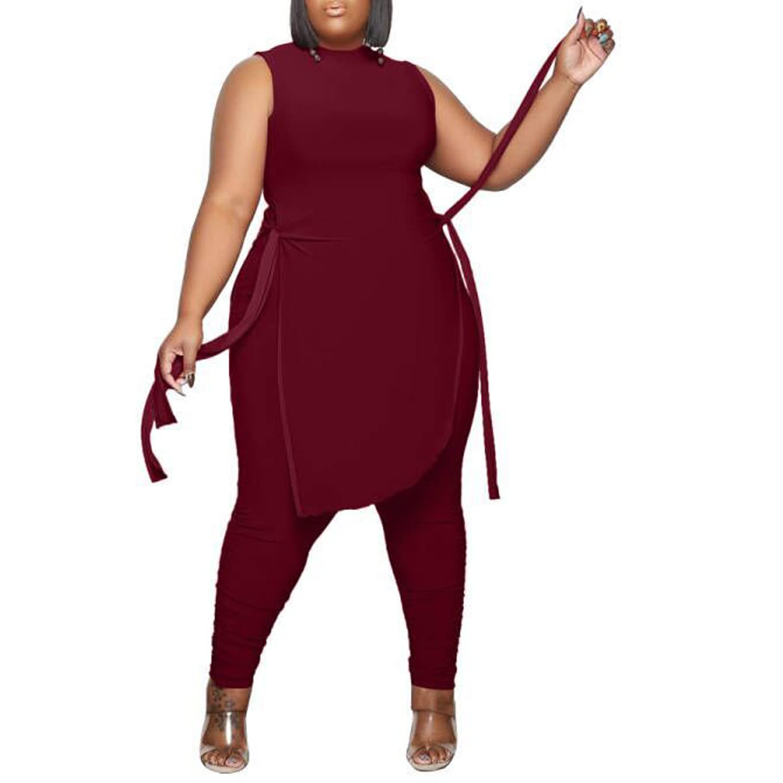 Photo 1 of NOT BURGUNDY BUT TAN! Sprifloral WomenPlus Size 2 Piece Jumpsuit - Sexy Irregular Sleeveless Tops + Stretchy Ruched Pants Jogger Set 3X-Large