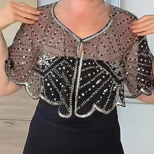 Vintage Lace Beaded Shawl, Soft Mesh Fringe Wraps, 1920s Shawl Wraps Sequin, Soft Mesh Fringe Cape2