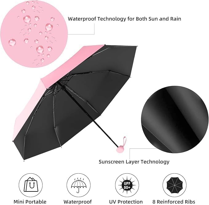 Image of Umbrella, Mini Folding Windproof & Compact UV Umbrella for Sun Protection Rain Windproof Strong Large 3 Fold for Women Handbags,3 Fold for Men Women, Stylish & Compact