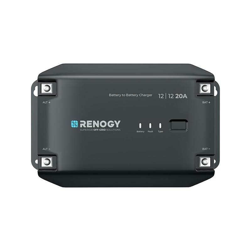 Carregador de bateria DC-DC Renogy 12 V 20 A com carregamento em múltiplos estágios e Bluetooth para baterias Flooded, Gel, AGM e LiFePO4