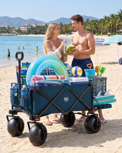 Image of TIMBER RIDGE Beach Wagon with Balloon Wheels& All-Terrain Wheels, Tailgate | 300 lbs Heavy Duty Foldable Wagon for Sand Camping Sports，47 inch L Beach Cart with 9 inch Big Sand-Proof Wheels
