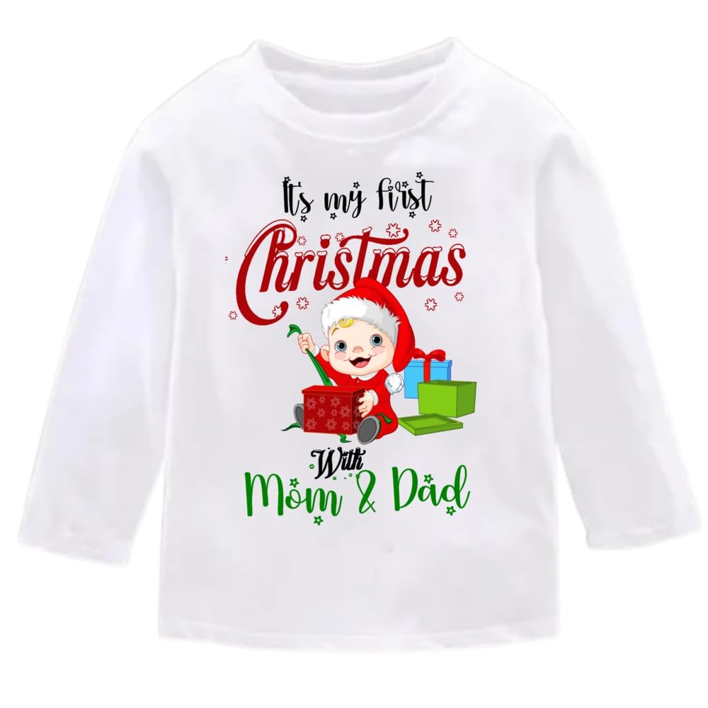 PrintmateIt's My First Christmas with Mom and Dad White Full Sleeve Cotton T-Shirt for New Born Baby Boys and Girls - C318
